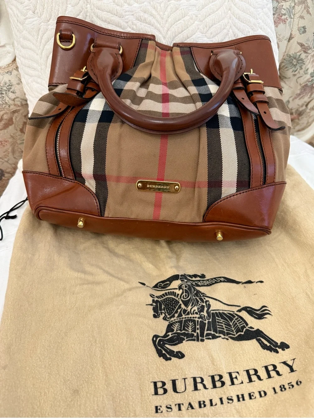 Burberry Tan Check Canvas Tote with Brown Leather Trim and Gold Hardware